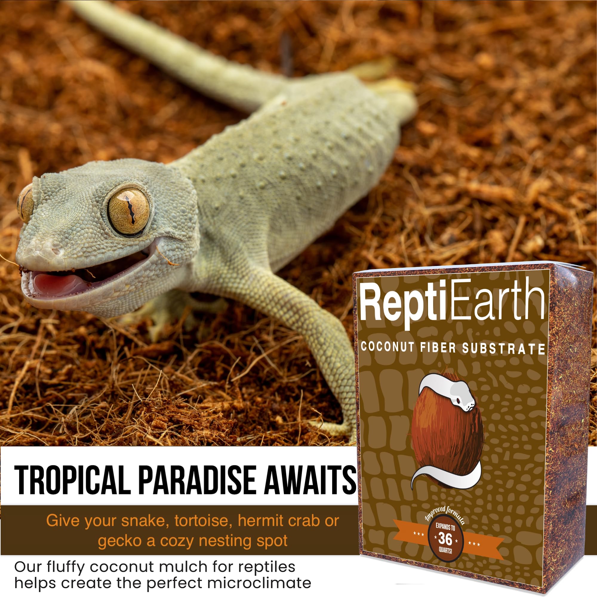 Reptiearth Reptile Bedding, Fluffy Coconut Fiber Substrate 36 Quart Organic Coco Ready To Use For Bioactive Snake Terrarium, Liz